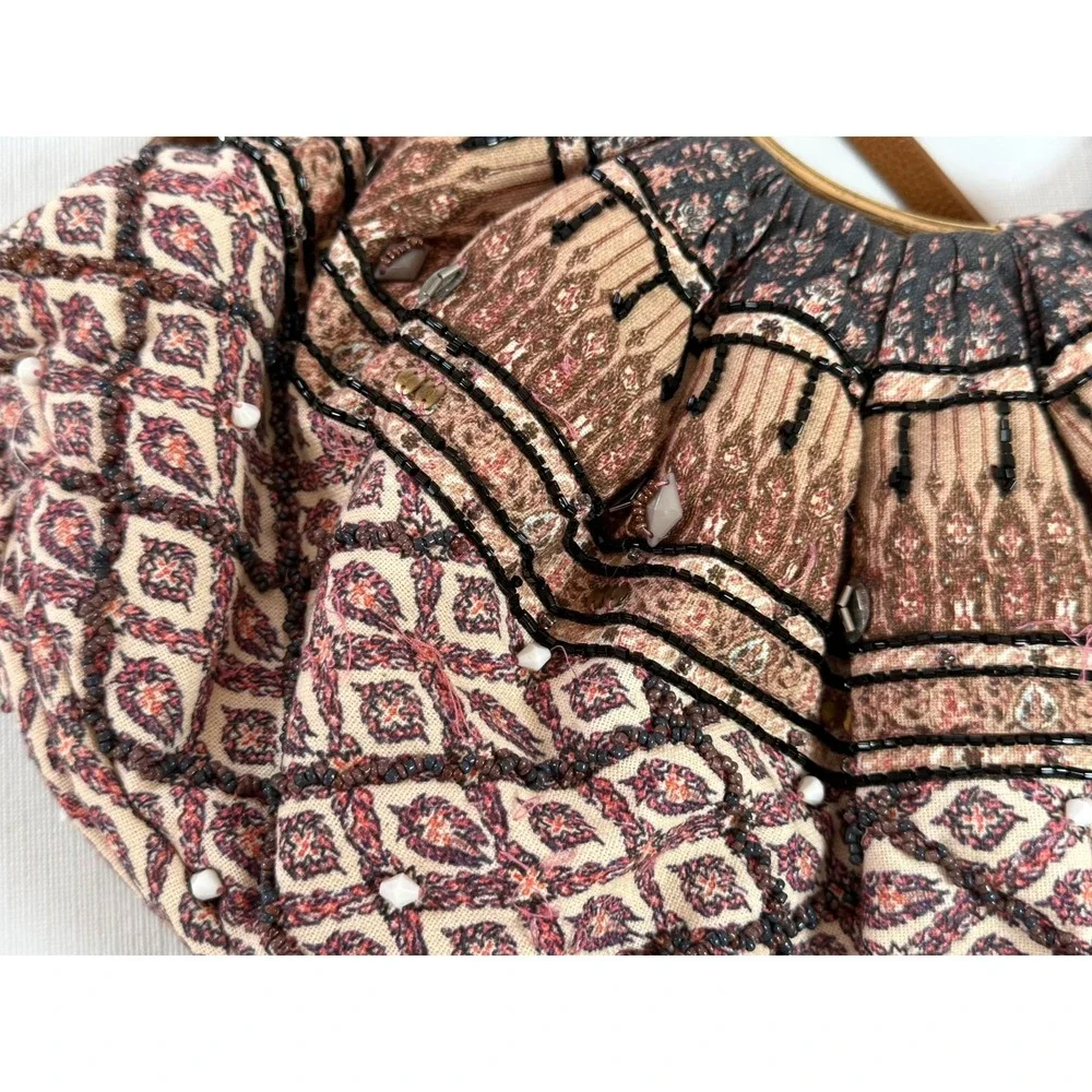 Anthropologie Bohemian Beaded Crescent Hobo Bag Gold Ring Handle Shoulder Bag‎